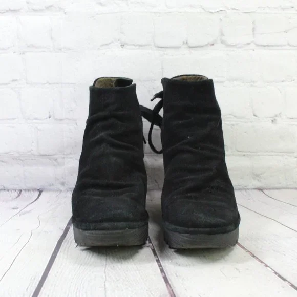 FLY London Yama Black Suede Wedge Ankle Bootie Boot  Size 40 US 10 - Picture 4 of 9
